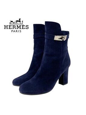 Hermes Boots Short Shoes Suede Navy Silver Kelly Hardware